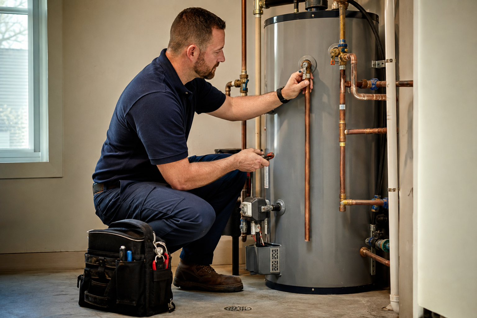 A residential plumbing technician inspecting a traditional tank water heater